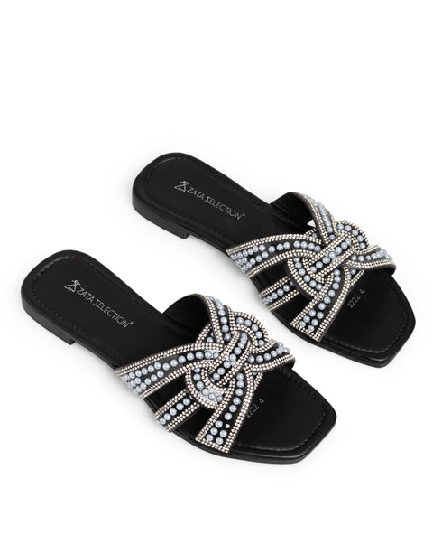 Sandalia Negra Brillos Perlas 2222